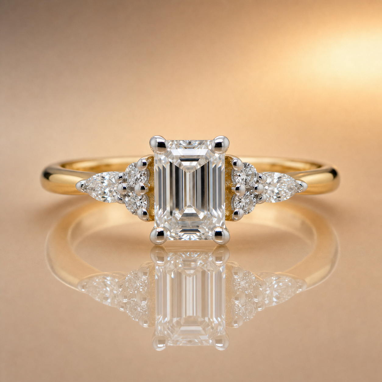 0.78ct Emerald Cut Lab Grown Diamond Engagement Ring | Pear & Round Cluster Shoulders | 9ct Yellow & White Gold
