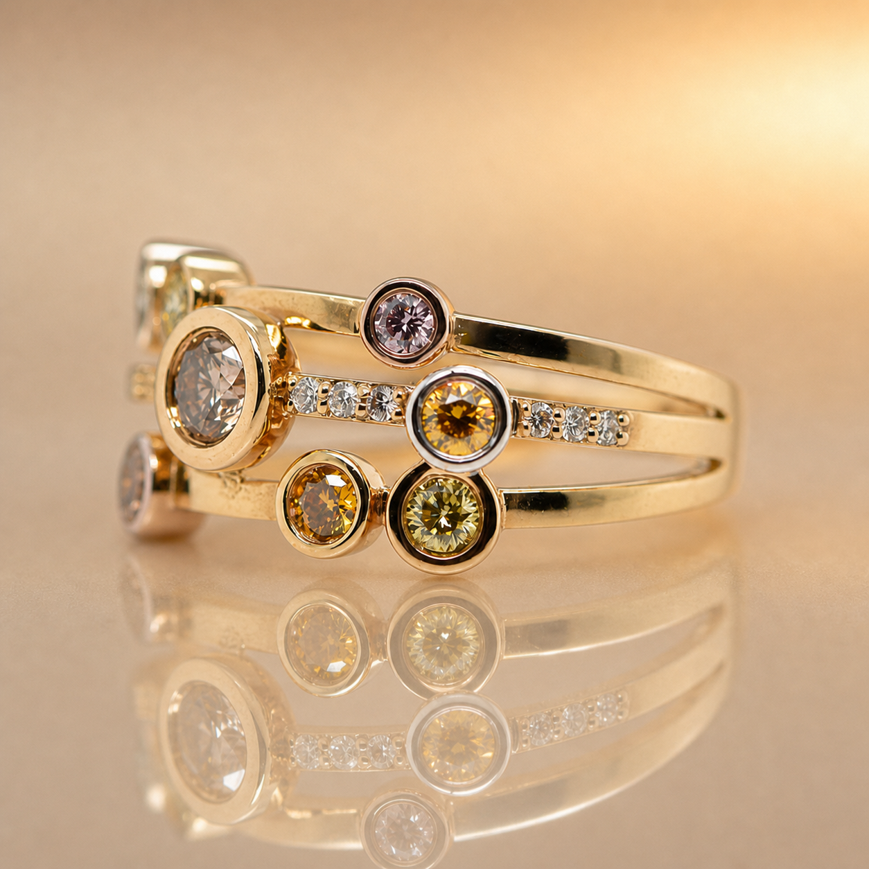 18ct Yellow Gold Natural Fancy Coloured Diamond Stacked Ring
