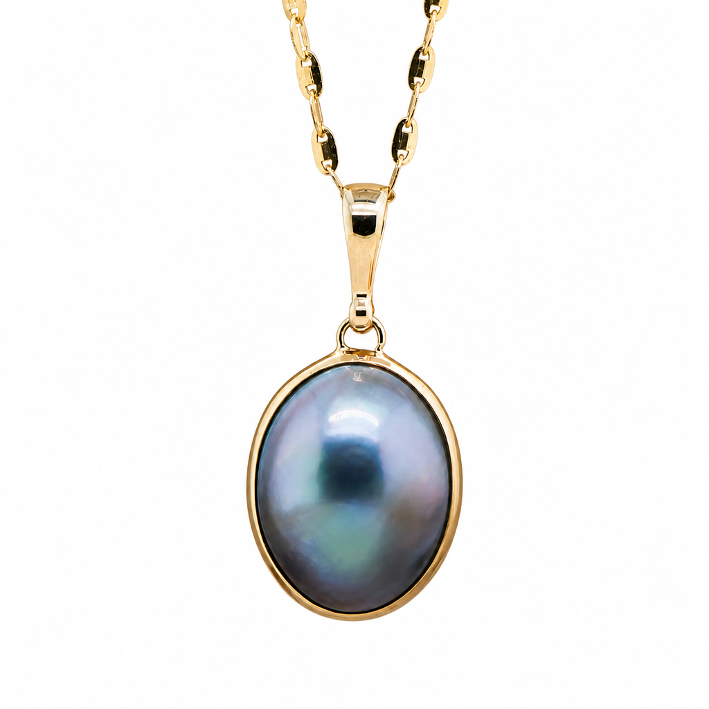 9ct Oval Black Mabe Pearl Pendant