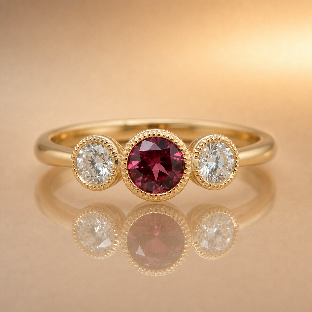 Gold ring with a red gemstone and two white gemstones on a beige background