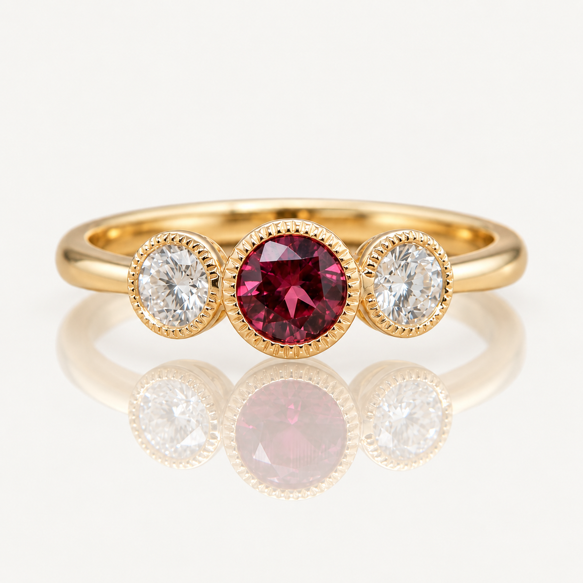 Rhodolite Garnet & Diamond Trilogy Ring | 9ct Yellow Gold