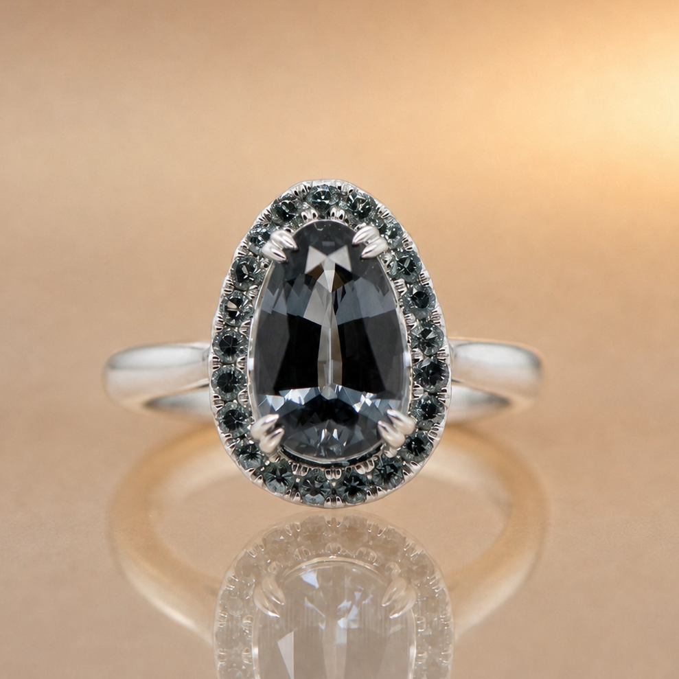 9ct White Gold Pear Grey Spinel Halo Ring