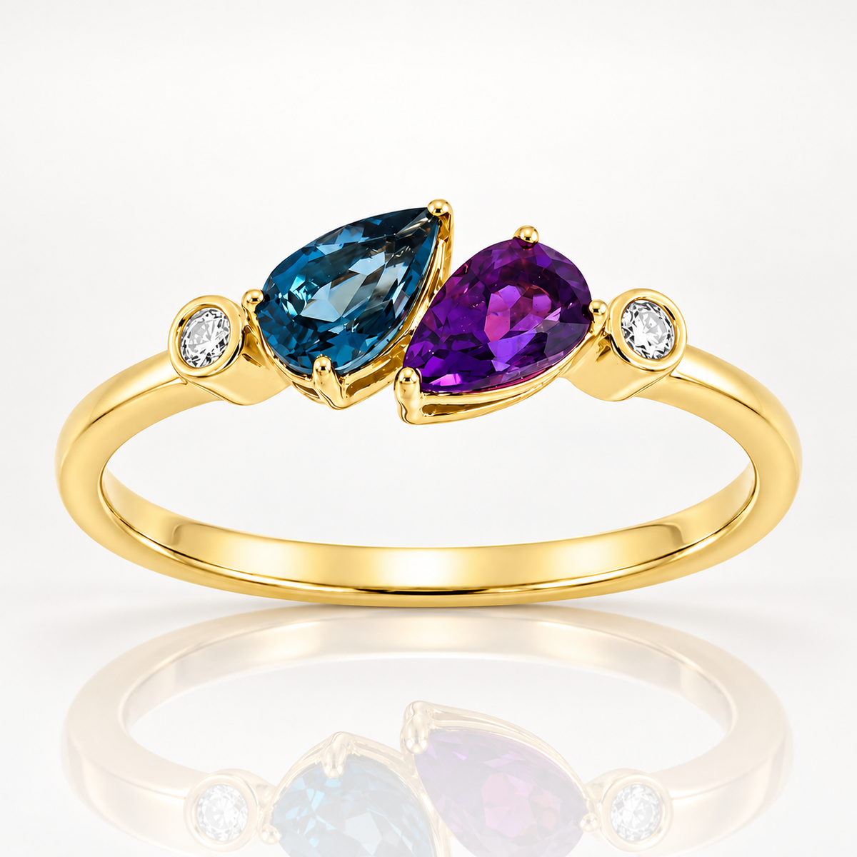 London Blue Topaz, Amethyst & Diamond Ring | 9ct Yellow Gold