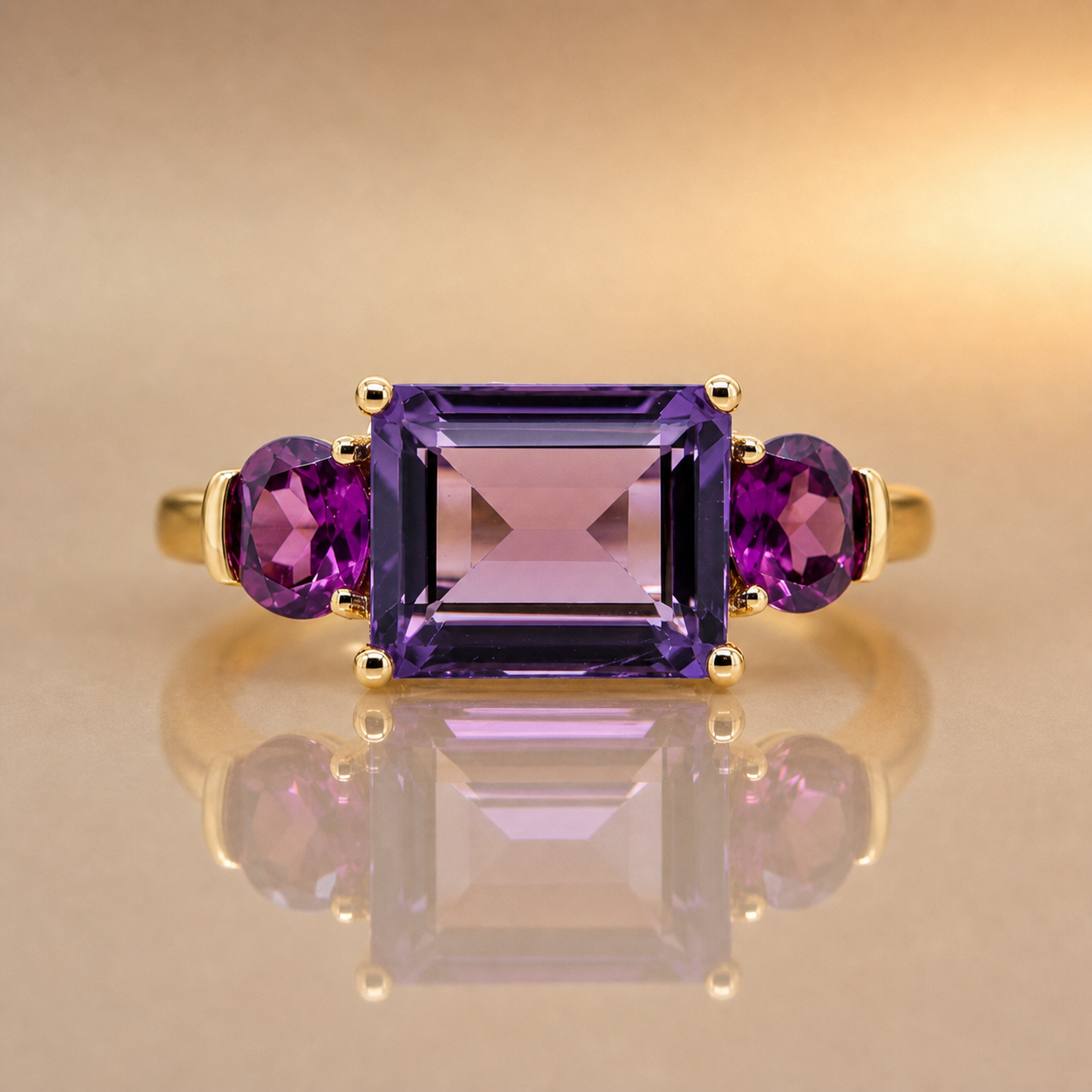 9ct Yellow Gold Amethyst & Rhodolite Garnet Trilogy Ring