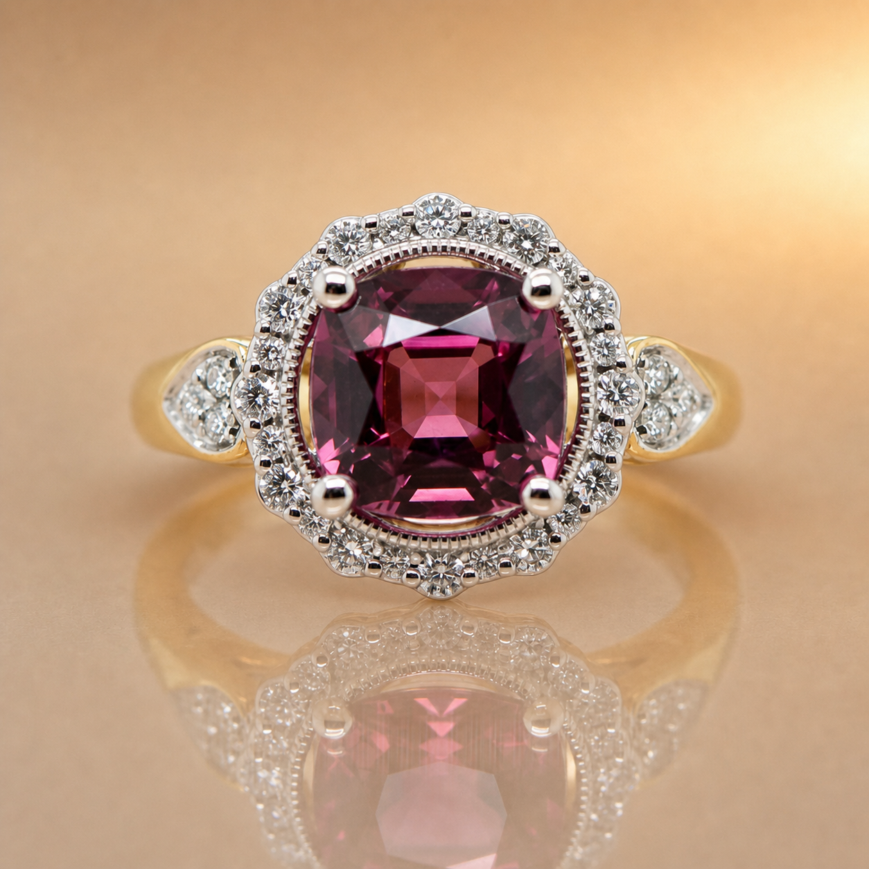 9ct Yellow & White Gold Umbalite Garnet & Diamond Halo Ring