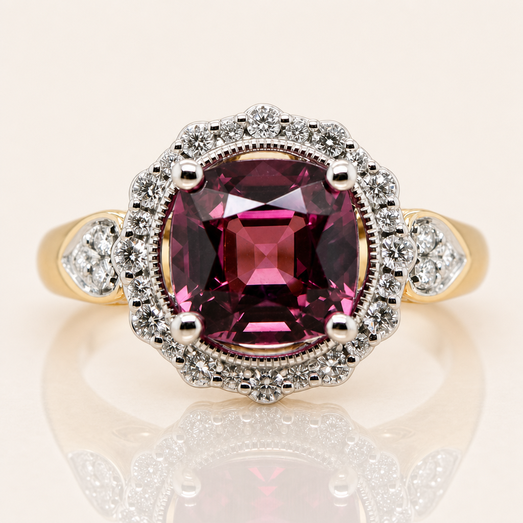 9ct Yellow & White Gold Umbalite Garnet & Diamond Halo Ring | Exclusively Paton's Place