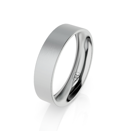 A silver-toned metal band ring with a brushed matte finish on the outer surface and polished beveled edges, shown on a clean white background with a soft reflection.