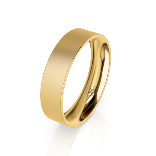 A yellow gold band ring with a brushed matte finish on one side and a polished beveled edge on the other, shown on a clean white background with a soft reflection.