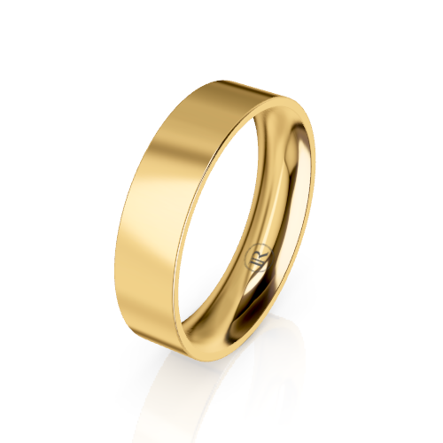A polished yellow gold band ring with a smooth, slightly beveled edge, shown at an angle on a clean white background with a soft reflection.