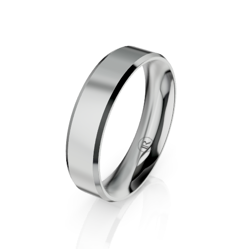A polished silver-toned metal band ring, likely titanium or tungsten, shown at an angle on a clean white background with a soft reflection underneath.