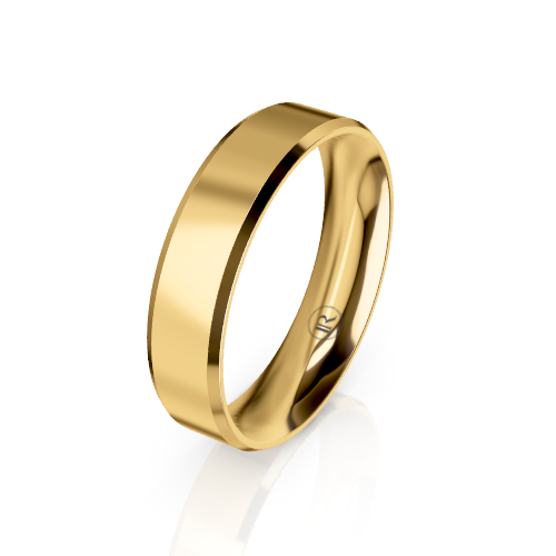 A polished yellow gold band ring with a smooth, slightly tapered profile, shown on a clean white background with a soft reflection underneath.