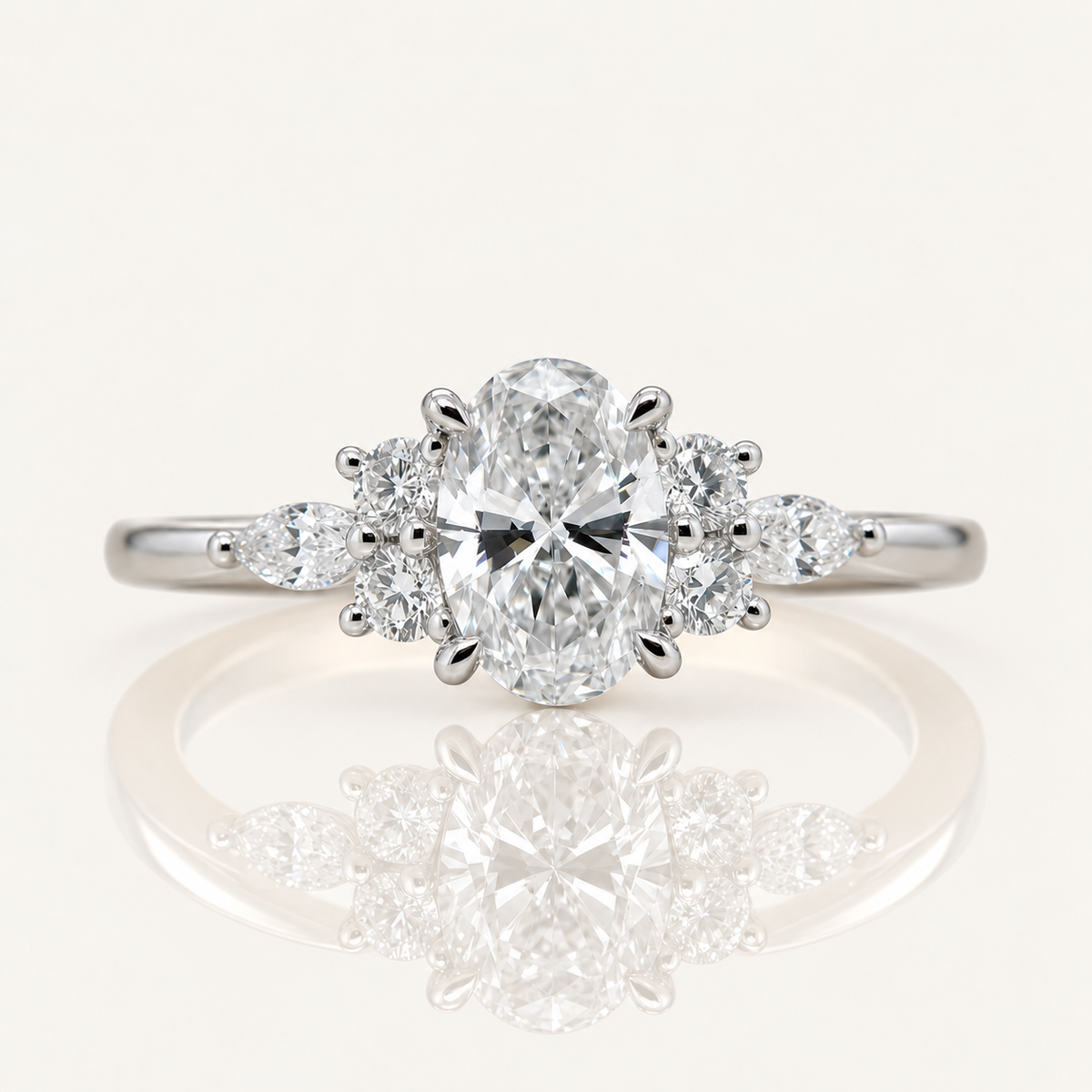 Adele | 1.03ct Oval Cut Lab Grown Diamond Engagement Ring | Marquise & Round Diamond Shoulders | 18ct White Gold