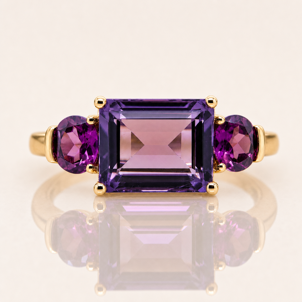 Amethyst & Rhodolite Garnet Three-Stone Ring | 9ct Yellow Gold