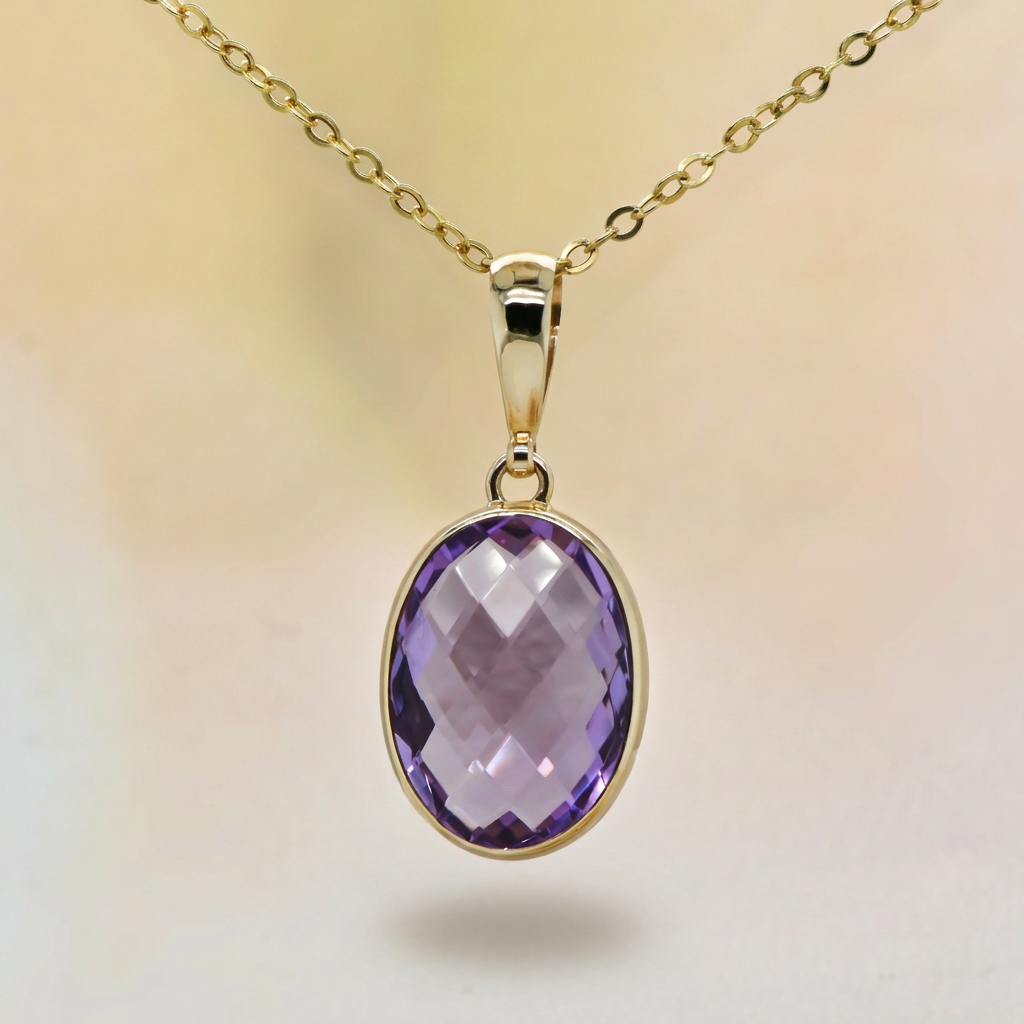 9ct oval Cut Amethyst Pendant on chain
