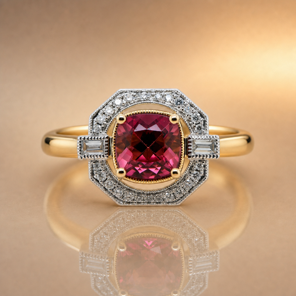Gold ring with a red gemstone and diamond accents on a reflective surface.