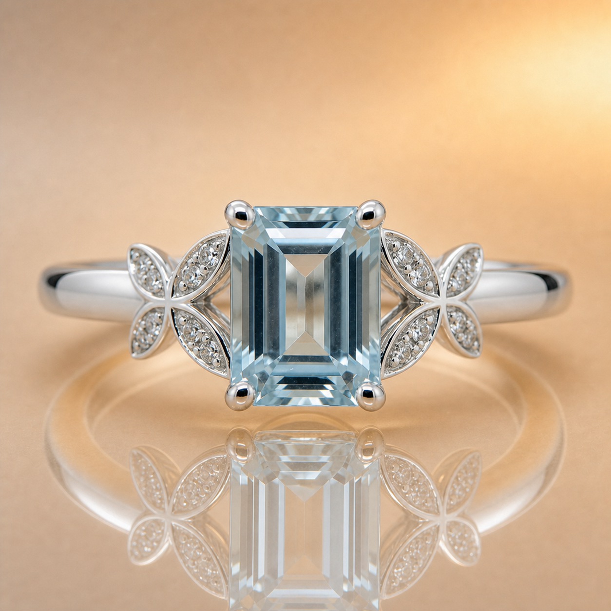 Emerald Cut Aquamarine & Diamond Ring