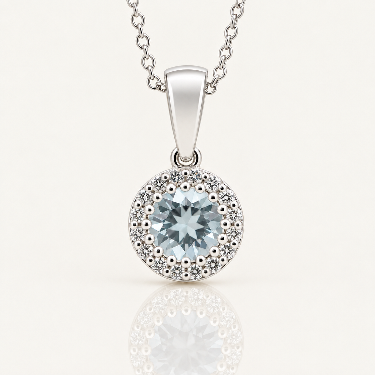 Aquamarine & Diamond Halo Pendant | 9ct White Gold