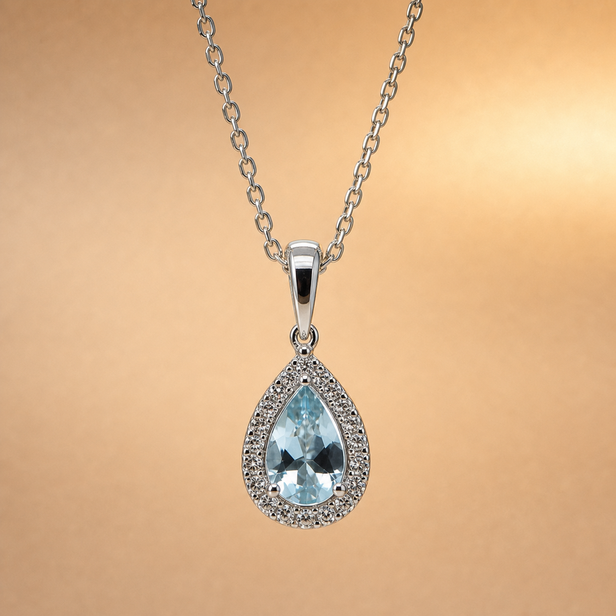 Aquamarine & Diamond Halo Pendant | 9ct White Gold