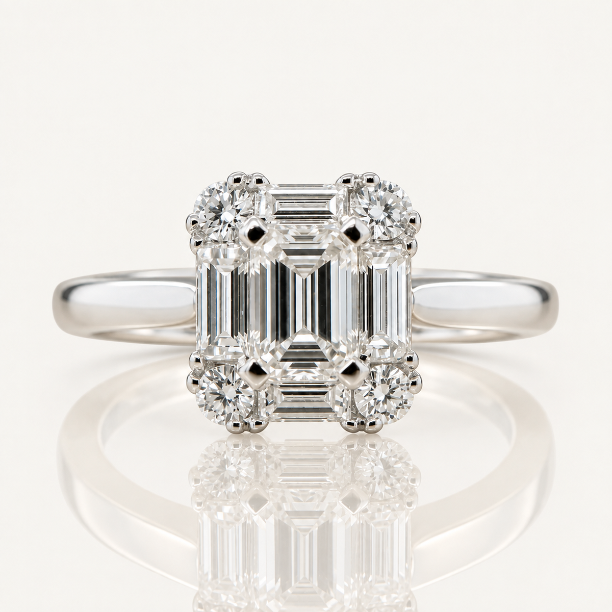 Belle | Emerald Cut Diamond Cluster Ring | Baguette & Round Brilliant Frame | 18ct White Gold