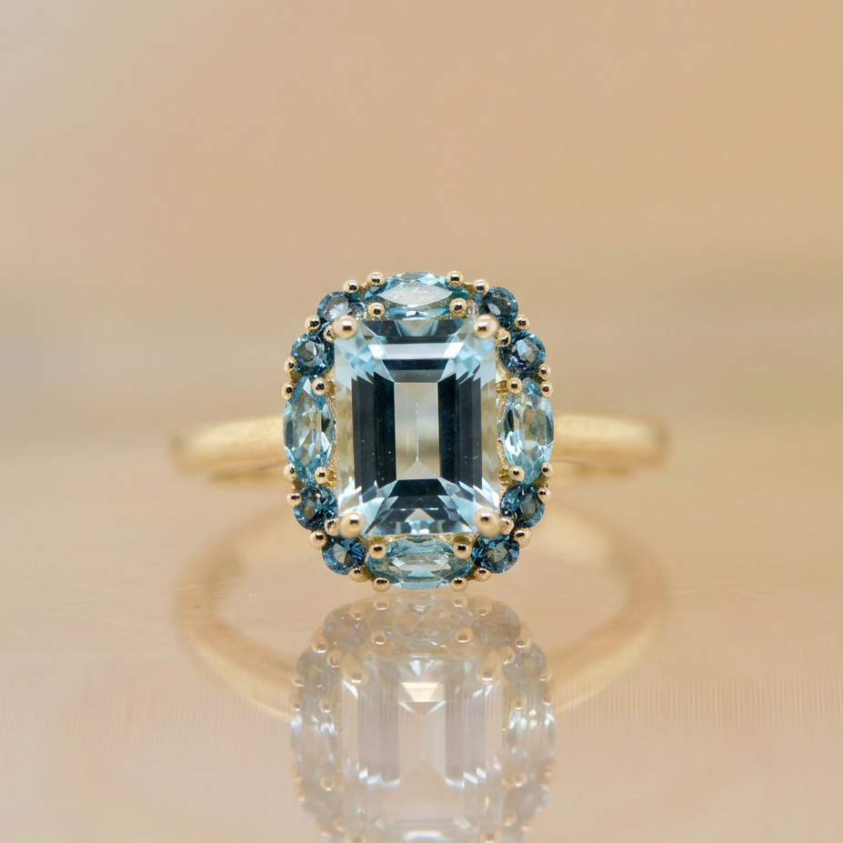 9ct YG Blue Topaz with Sky Blue & London Blue Halo Ring