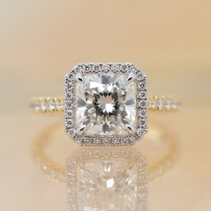Bonnie | 3.04ct Cushion Cut Lab Grown Diamond with Halo & Diamond Band | Two-Tone 18ct Gold