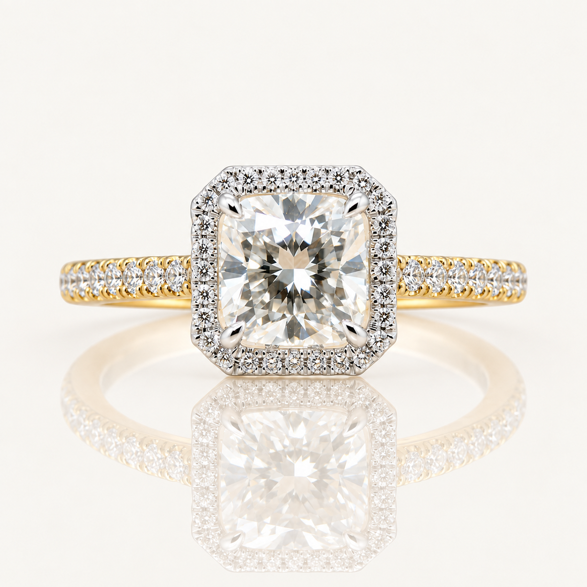 Bonnie | 3.04ct Cushion Cut Lab Grown Diamond with Halo & Diamond Band | Two-Tone 18ct Gold