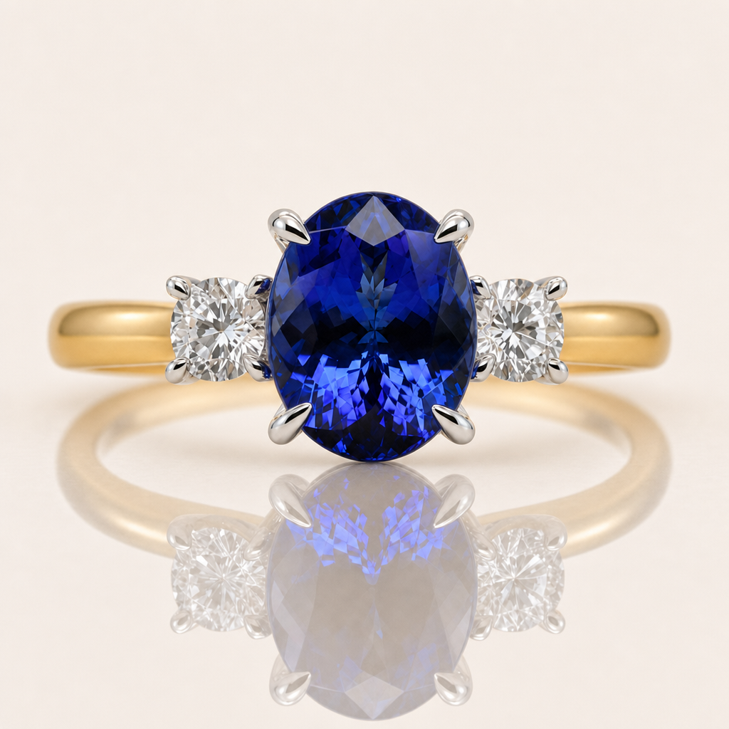 Carmen | 3.48ct Oval Tanzanite & Diamond Three-Stone Ring | 18ct Gold | Exclusively Paton's Place