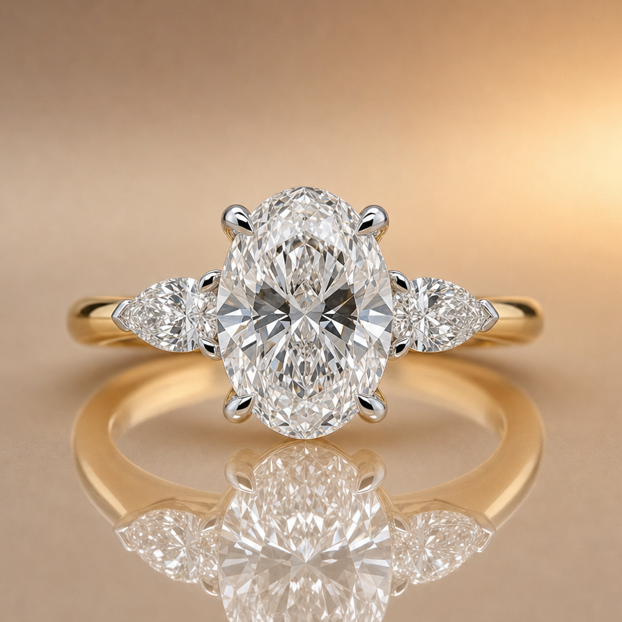Chloe | 2.52ct Oval & Pear Cut Lab Grown Diamond Trilogy Engagement Ring | 18ct Yellow & White Gold