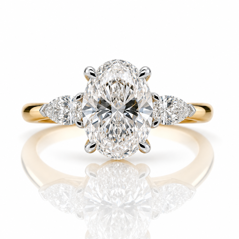 Chloe | 2.52ct Oval & Pear Cut Lab Grown Diamond Trilogy Engagement Ring | 18ct Yellow & White Gold