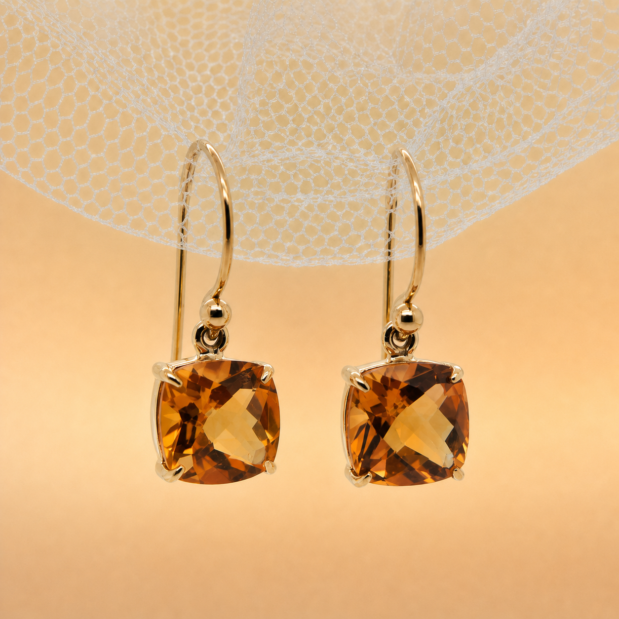 Cushion Citrine Drop Earrings | 9ct Yellow Gold