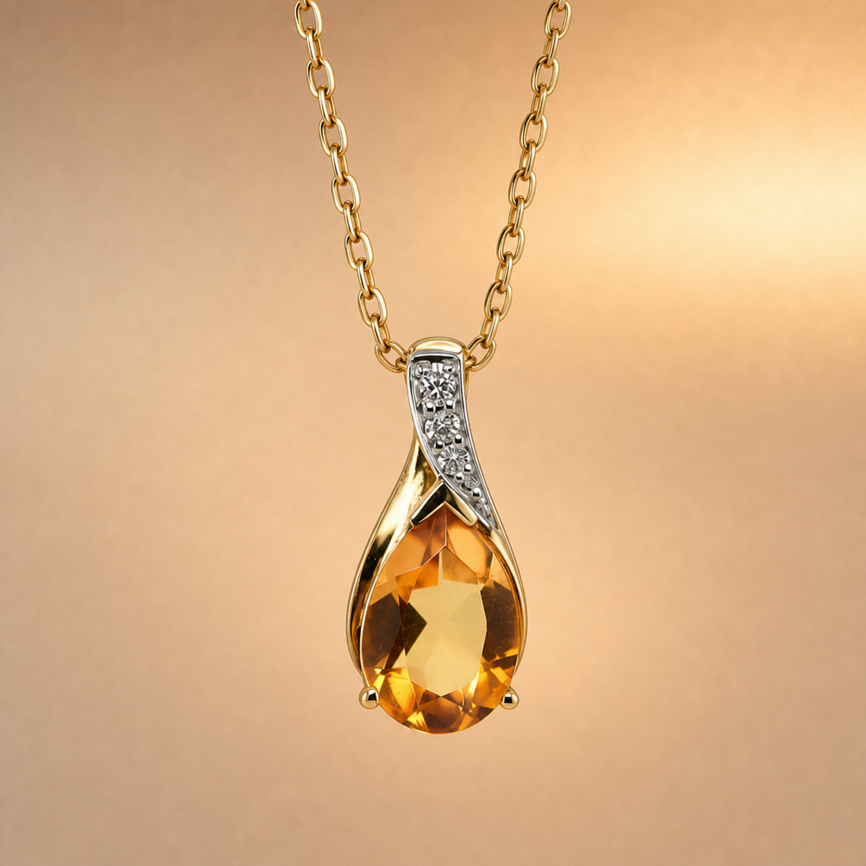 Pear Citrine & Diamond Pendant | 9ct Yellow Gold