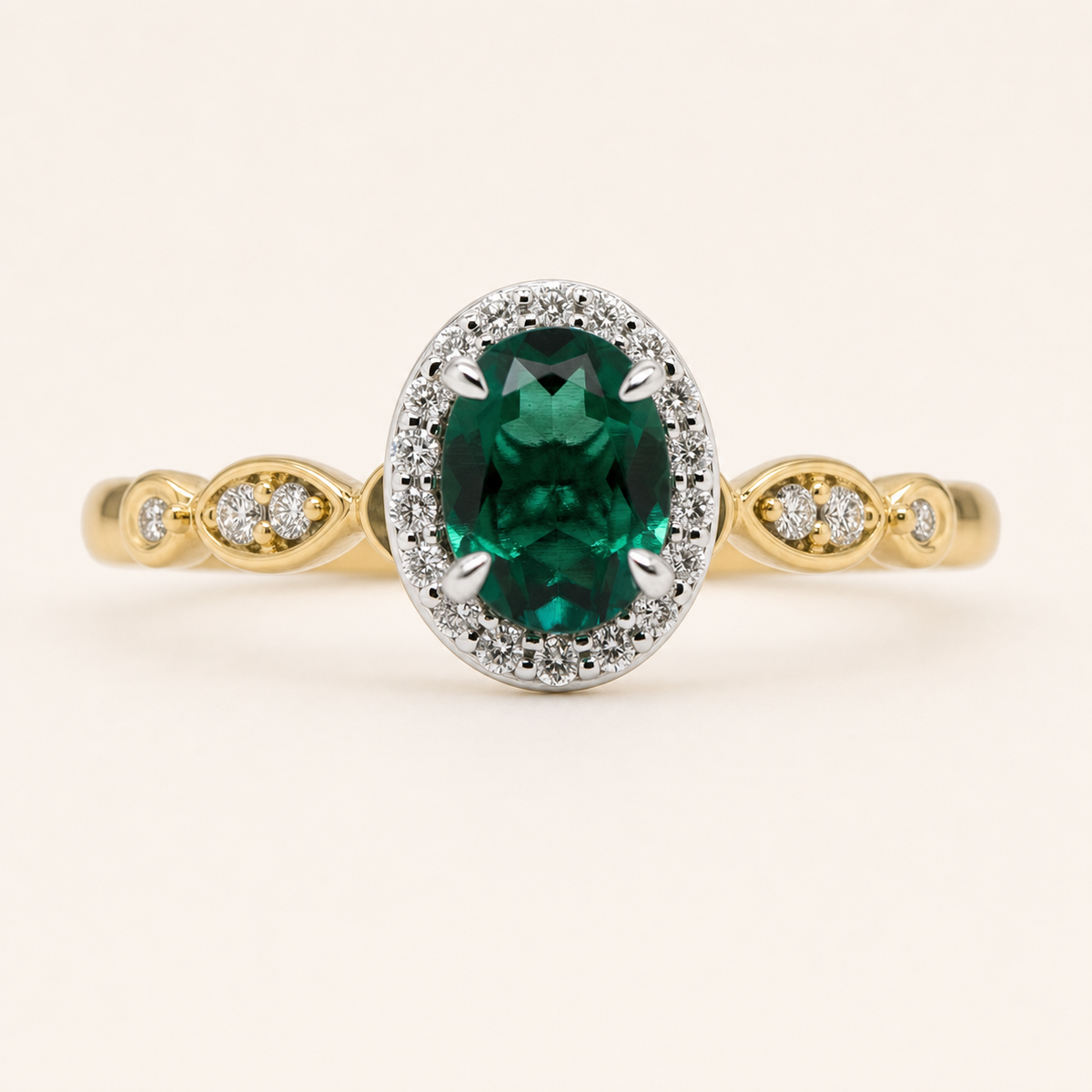 Emilia | Oval Lab Grown Emerald & Diamond Ring | 9ct Yellow & White Gold | Exclusively Paton's Place