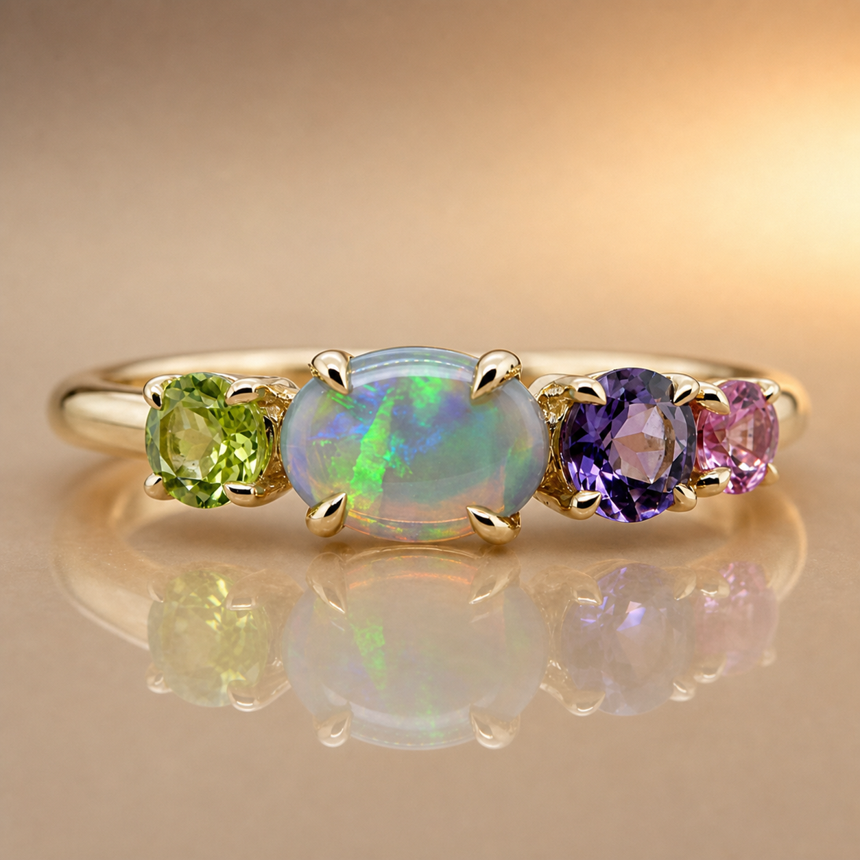 Crystal Opal, Amethyst, Pink Sapphire & Peridot ring