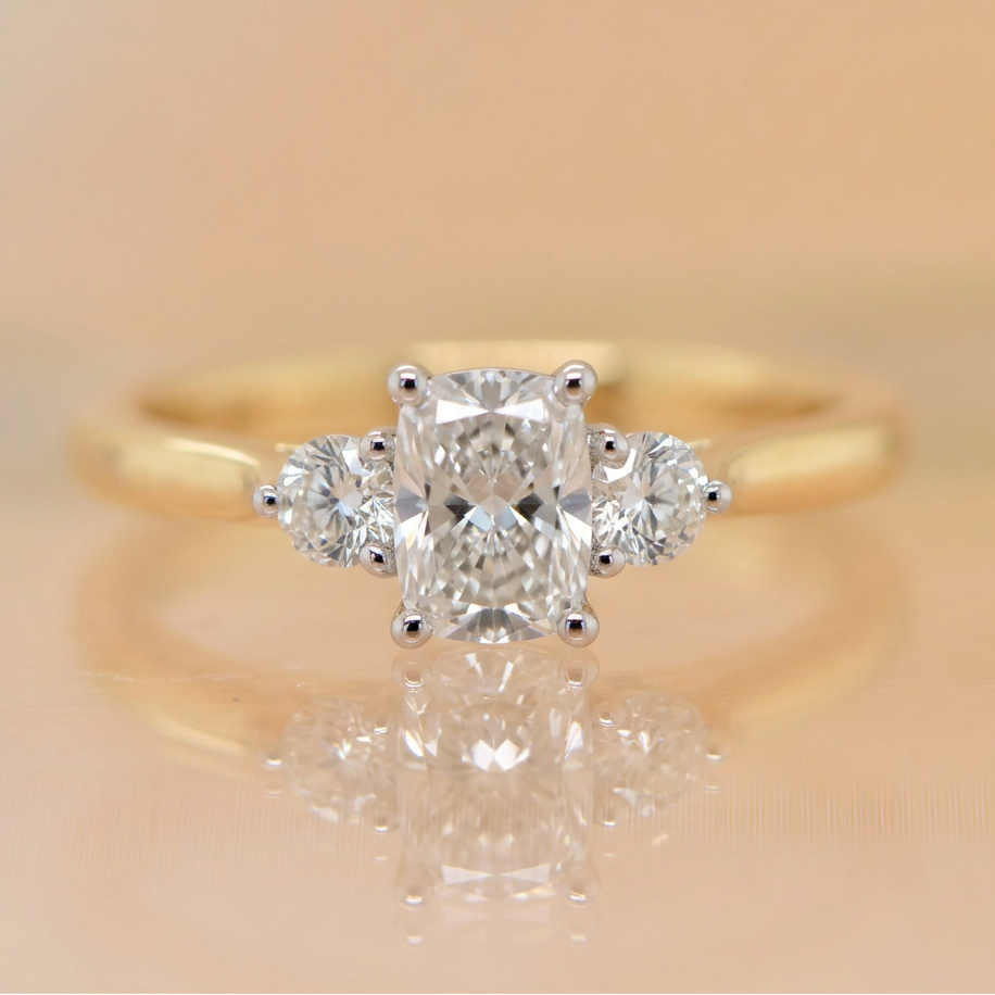 Celine | 1.51ct Long Cushion Cut Lab Grown Diamond Trilogy Engagement Ring | 18ct Yellow & White Gold