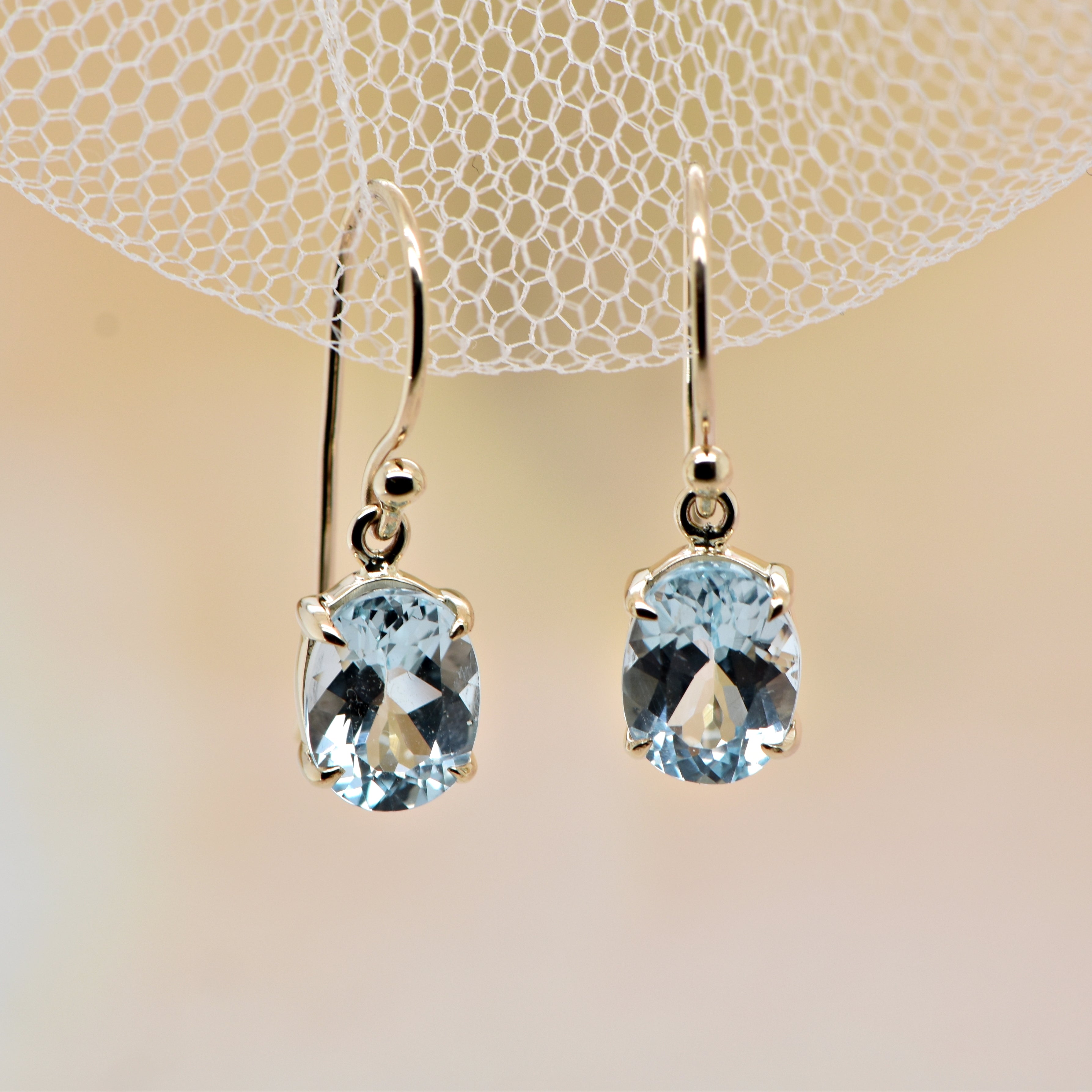 9ct YG Oval Blue Topaz Drop Earrings