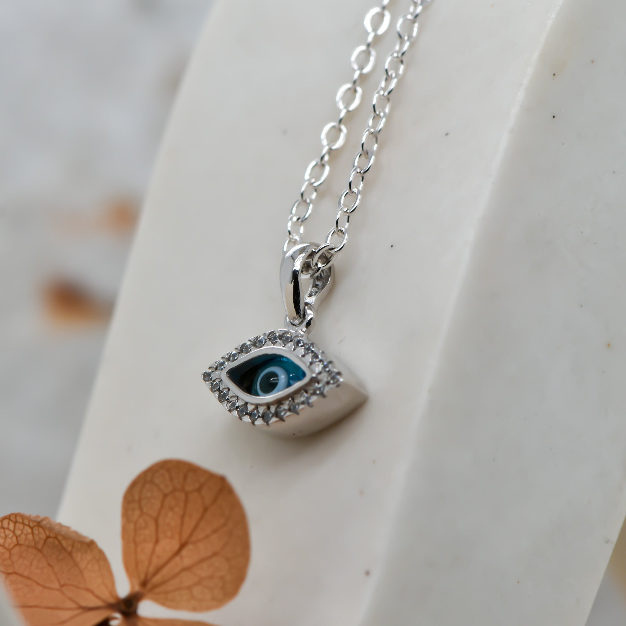 White Gold CZ Evil Eye Pendant