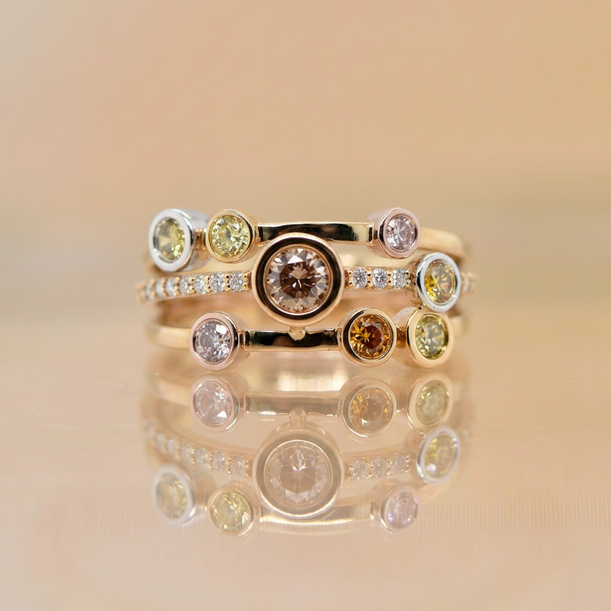 18ct Yellow Gold Natural Fancy Coloured Diamond Stacked Ring