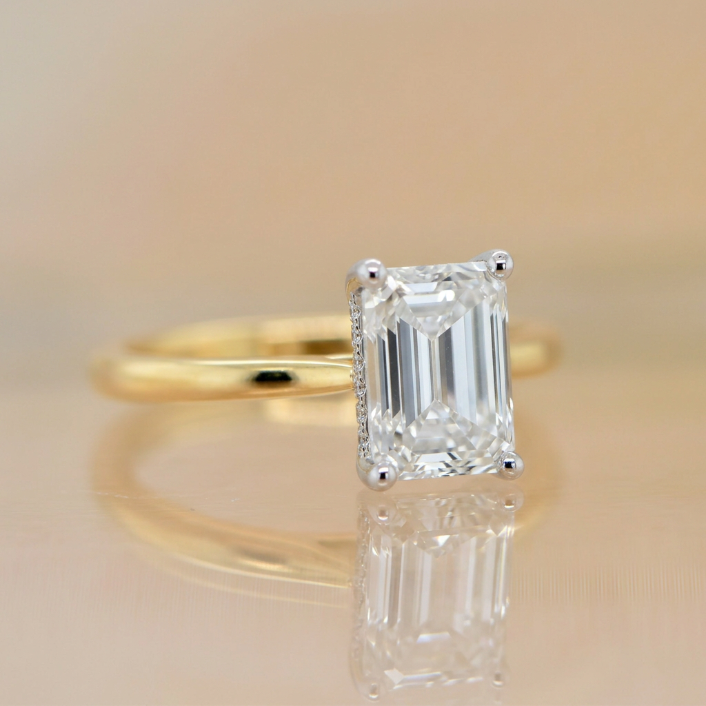 Eden | 3.16ct Emerald Cut Lab Grown Diamond Solitaire Engagement Ring | Hidden Halo | 18ct Yellow & White Gold