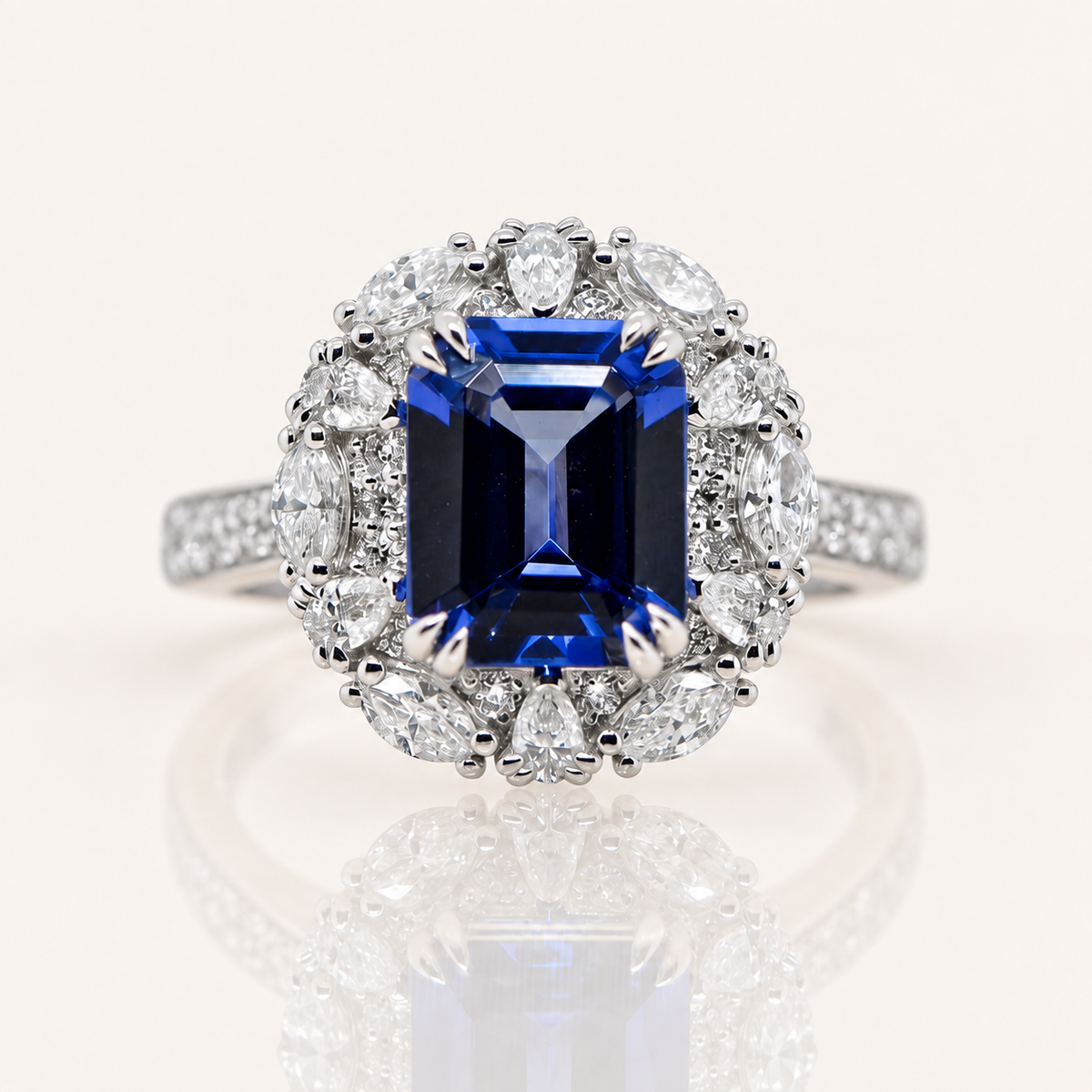 Eleanor | Emerald-Cut Tanzanite Halo Ring | 18ct White Gold | Exclusively Paton's Place