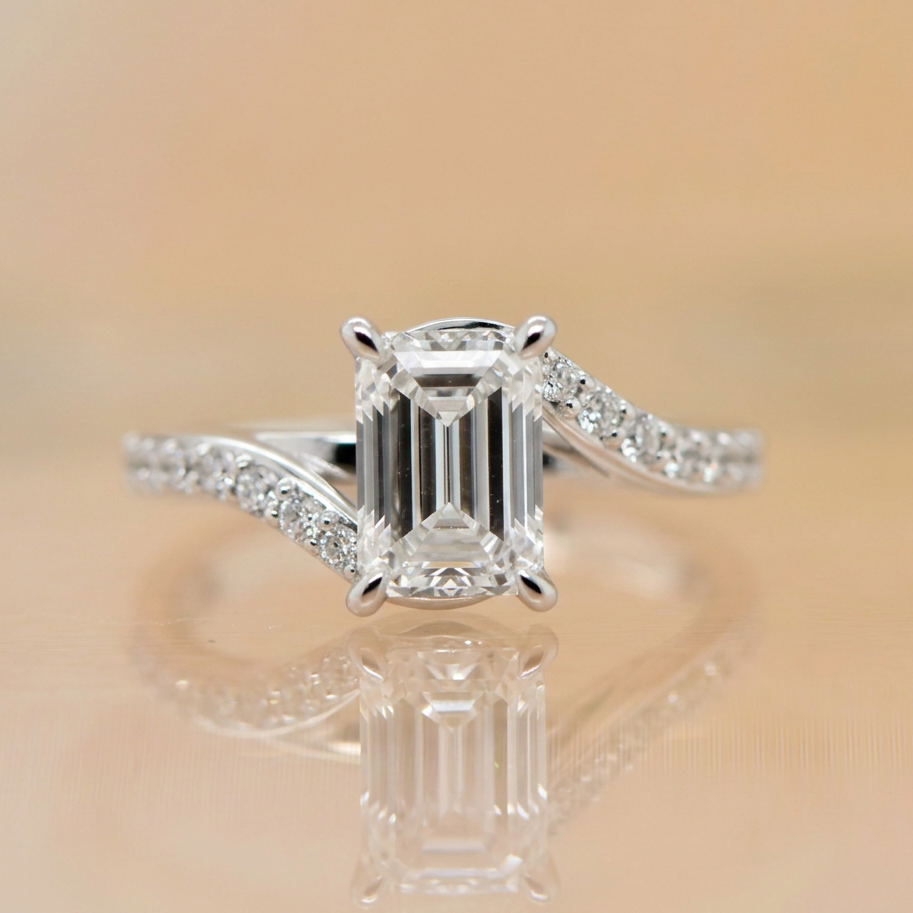 Harlow | 2.03ct Emerald Cut Lab Grown Diamond Engagement Ring | Bypass Diamond Shoulders | 18ct White Gold