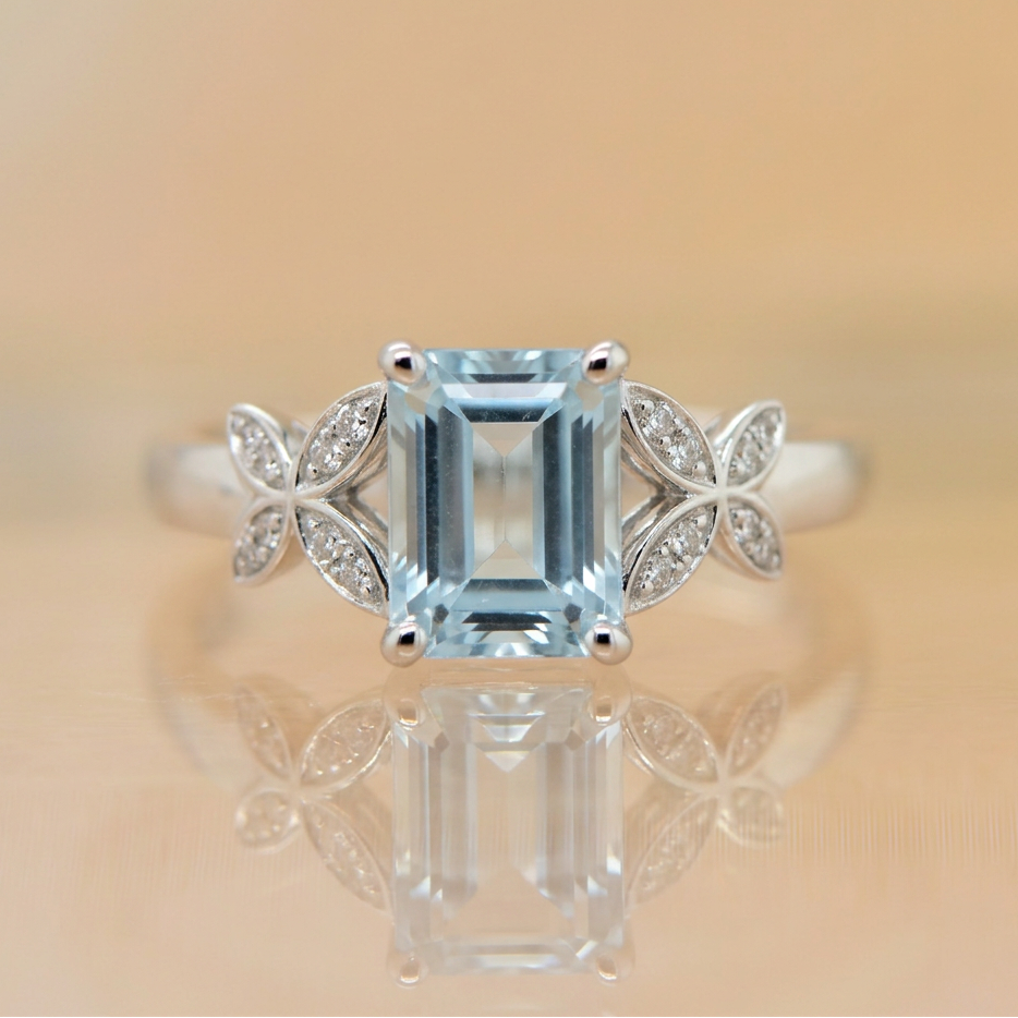 Emerald Cut Aquamarine & Diamond Ring