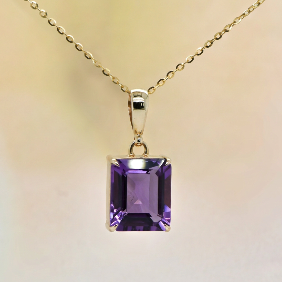 9ct Emerald Cut Amethyst Pendant on chain
