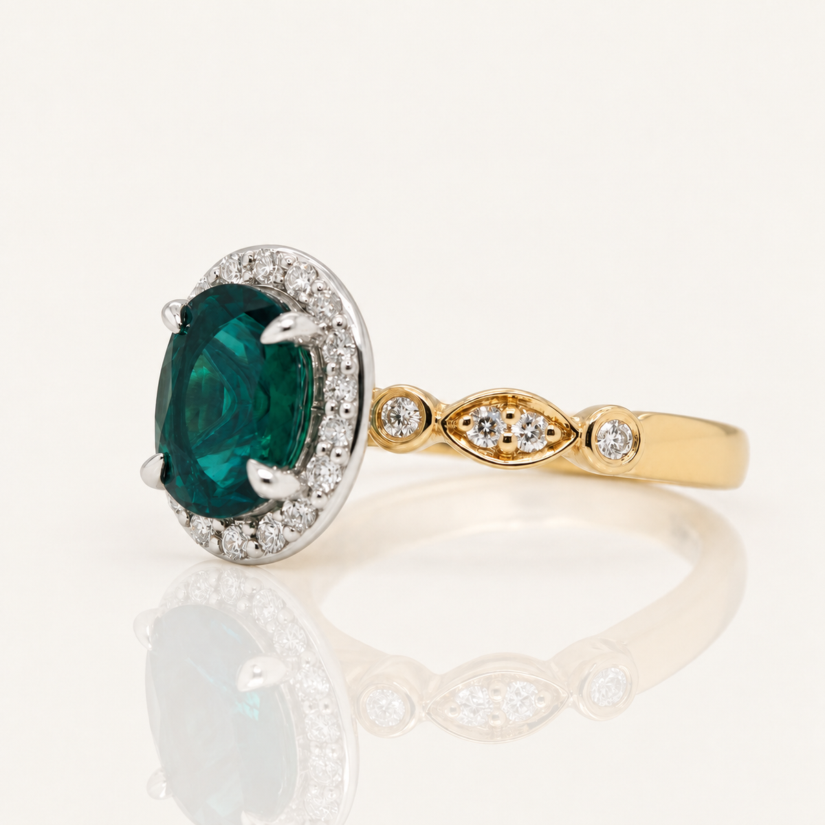 Emilia | Oval Lab Grown Emerald & Diamond Ring | 9ct Yellow & White Gold | Exclusively Paton's Place