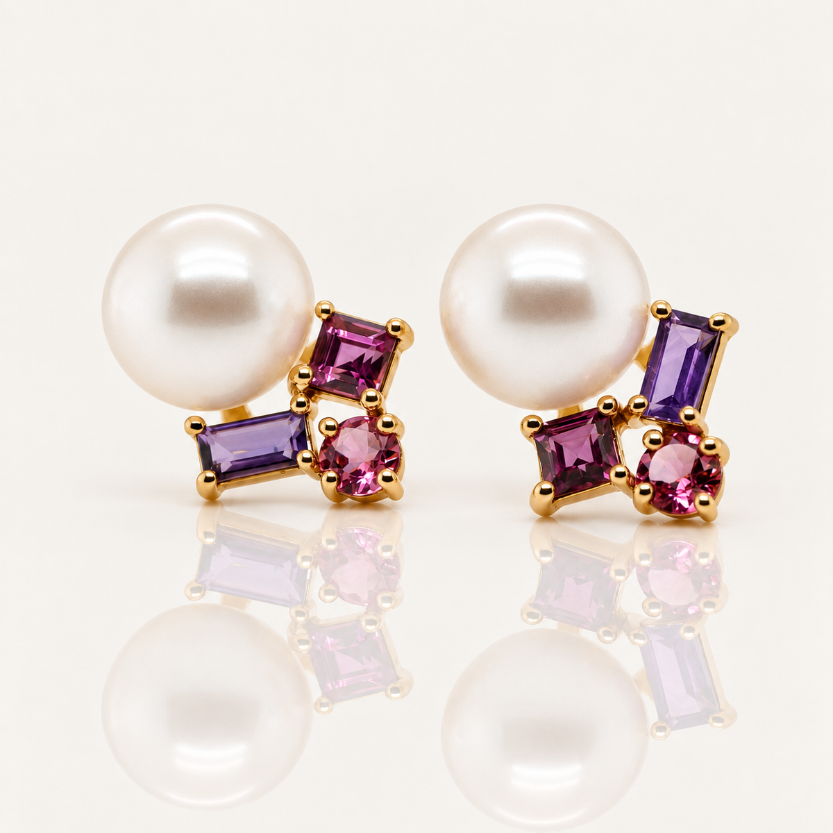 Freshwater Pearl, Amethyst, Pink Tourmaline & Rhodolite Stud Earrings | 9ct Yellow Gold