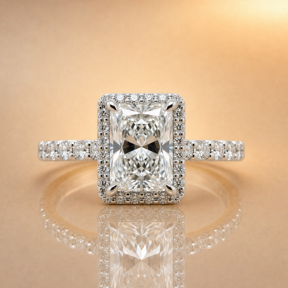 Grace | 2.01ct Radiant Cut Lab Grown Diamond Engagement Ring | Halo & Diamond Band | 18ct White Gold