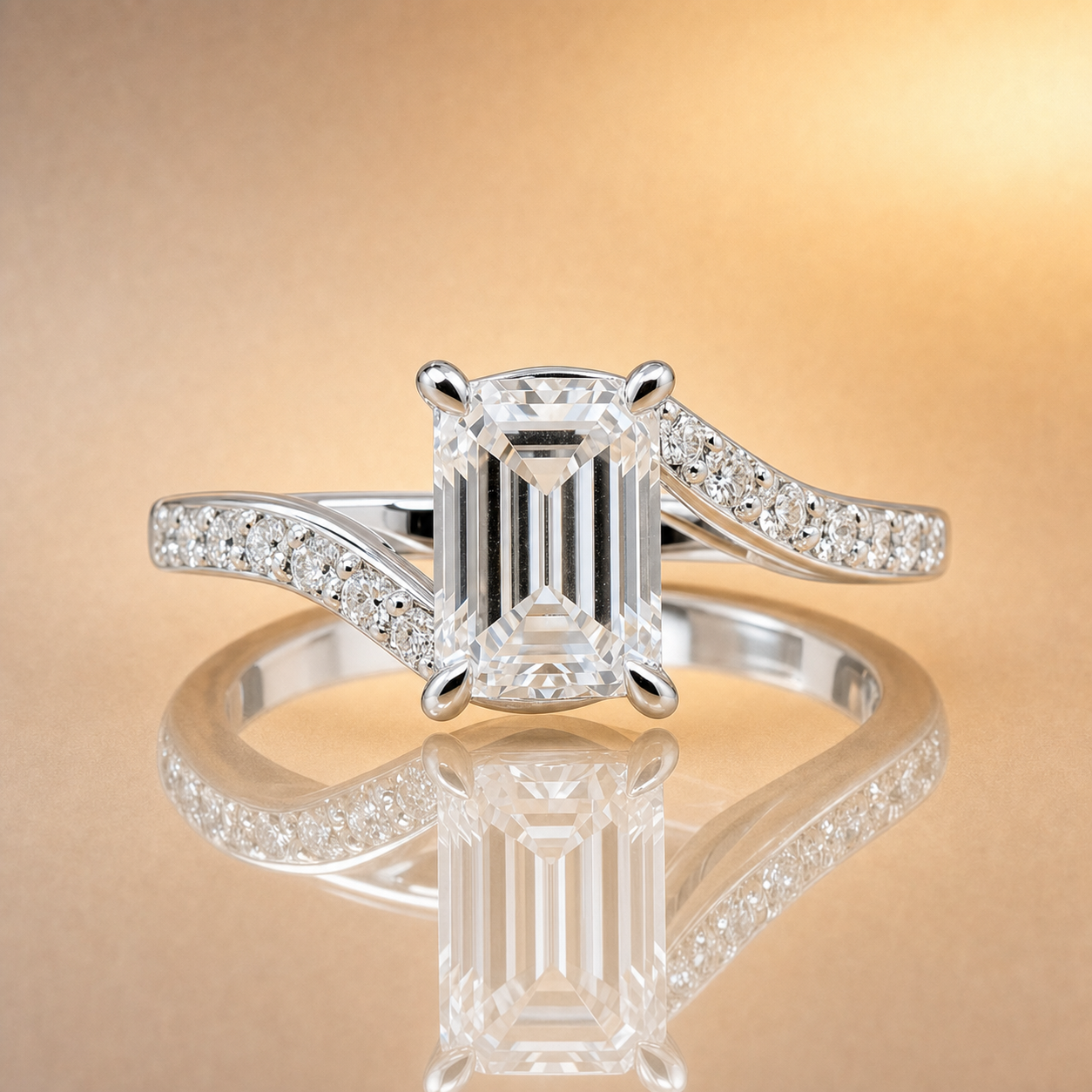 Harlow | 2.03ct Emerald Cut Lab Grown Diamond Engagement Ring | Bypass Diamond Shoulders | 18ct White Gold