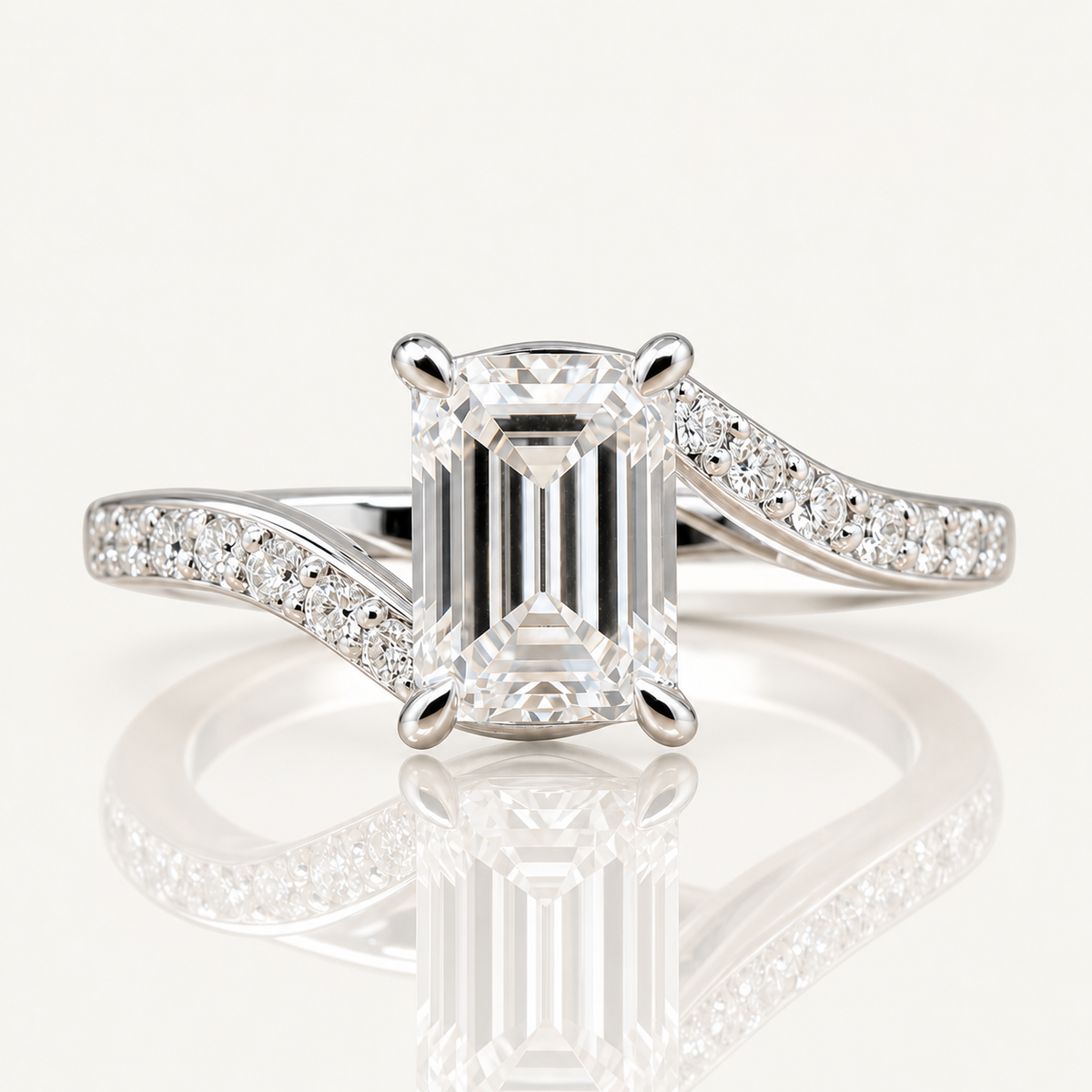 Harlow | 2.03ct Emerald Cut Lab Grown Diamond Engagement Ring | Bypass Diamond Shoulders | 18ct White Gold