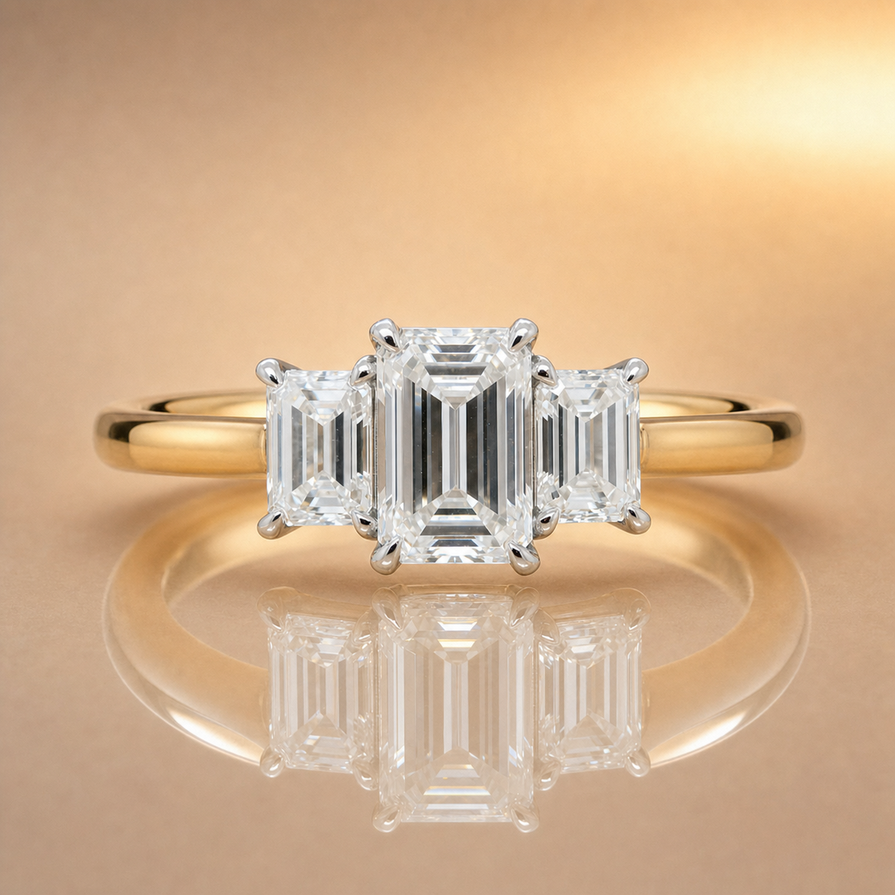 Hazel | 1.50ct Emerald Cut Lab Grown Diamond Trilogy Engagement Ring | 18ct Yellow & White Gold