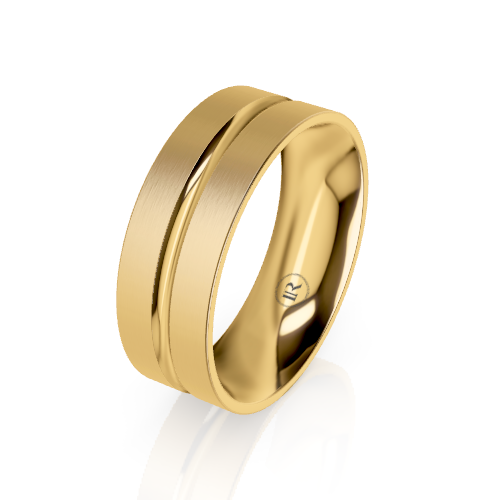 A polished yellow gold band ring with a double groove design, shown at an angle on a clean white background with a soft reflection.