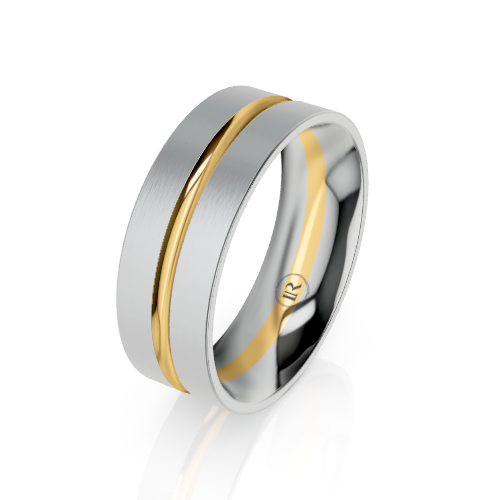 A two-tone wedding band ring featuring a brushed silver outer surface and polished yellow gold inlay channels, shown on a clean white background with a soft reflection.